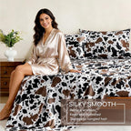 MR&HM Satin Bed Sheets with Elastic Corner Straps, King Size Sheets Set, 4 Pcs Silky Bedding Set with 15 Inches Deep Pocket for Mattress (King, Cow Print)