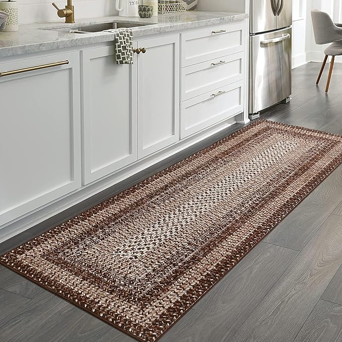 RUGSREAL Runner Rug for Hallway Kitchen Runner Carpet 2x10, Machine Washable Long Runner Throw Mat, Non Slip Entryway Rug Stain Resistant Braided Printed Carpet for Bedroom Living Room, Brown