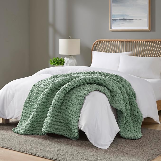 Madison Park Chenille Chunky Knit Handmade Throw Blanket, Luxuriously Soft Gift Blankets, Cottage Style Room Décor, Lightweight & Breathable All Seasons Throw Blanket for Couch, 50"W x 60"L Sage Green
