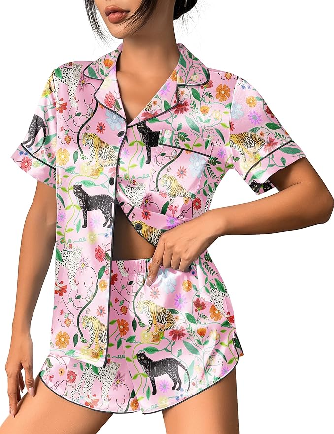 Ekouaer Womens Silk Satin Pajama Set Print Short Sleeve Sleepwear Button Down Pjs Shorts Set Loungewear