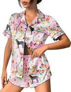 Ekouaer Womens Silk Satin Pajama Set Print Short Sleeve Sleepwear Button Down Pjs Shorts Set Loungewear