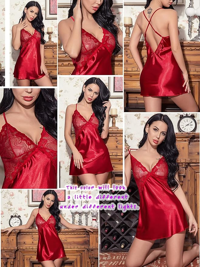 Avidlove Women Lingerie V Neck Sexy Nightwear Satin Sleepwear Lace Chemise Mini Babydoll Nightgown