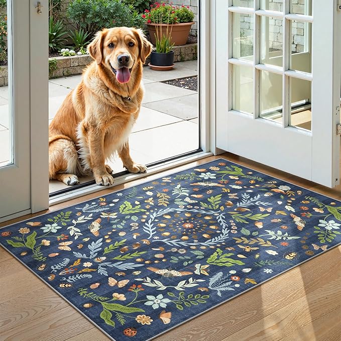 Lahome Chloe Insect Botanical 2x3 Kitchen Rugs for Entryway, Washable Small Blue Door Mat Indoor Entrance, Soft Non-Slip Indoor Throw Carpet for Bathroom Bedroom Laundry(Dark Blue,2x3)