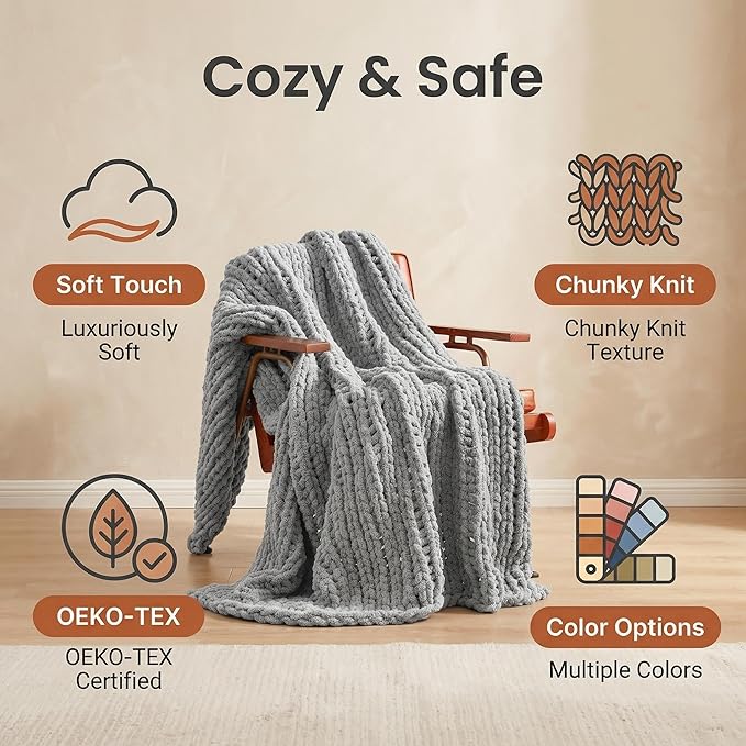 Amélie Home Chunky Knit Throw Blanket for Couch, Soft Chenille Handmade Crochet Throw Rope Knot Blanket for Couch, 50"x60", Light Grey