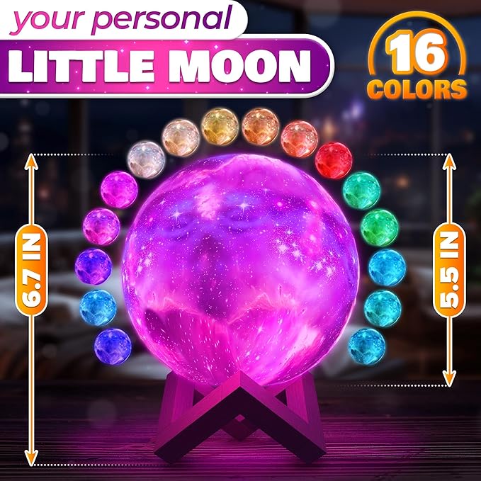 LED Galaxy Lamp 6.7" - 16 Colors, 4 Modes Mesmerizing 3D Moon Lamp with Touch & Remote Control, Wooden Stand, USB Charging - Printed Moon Night Light with Realistic Design | Party in The Dark Decor