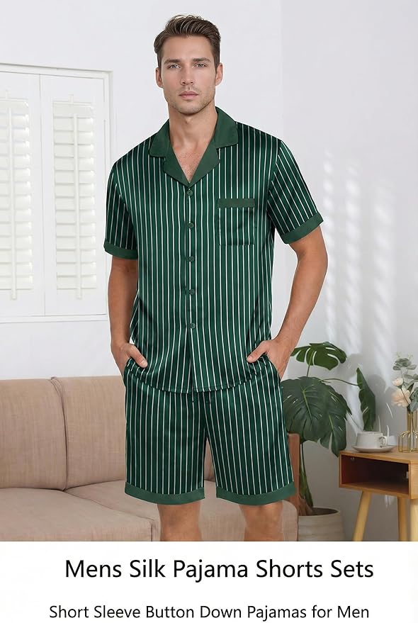Ekouaer Men Satin Silk Pajamas Set with Pockets Sleepwear Shorts Satin Summer Loungewear 2 Piece Button Down Set S-3XL