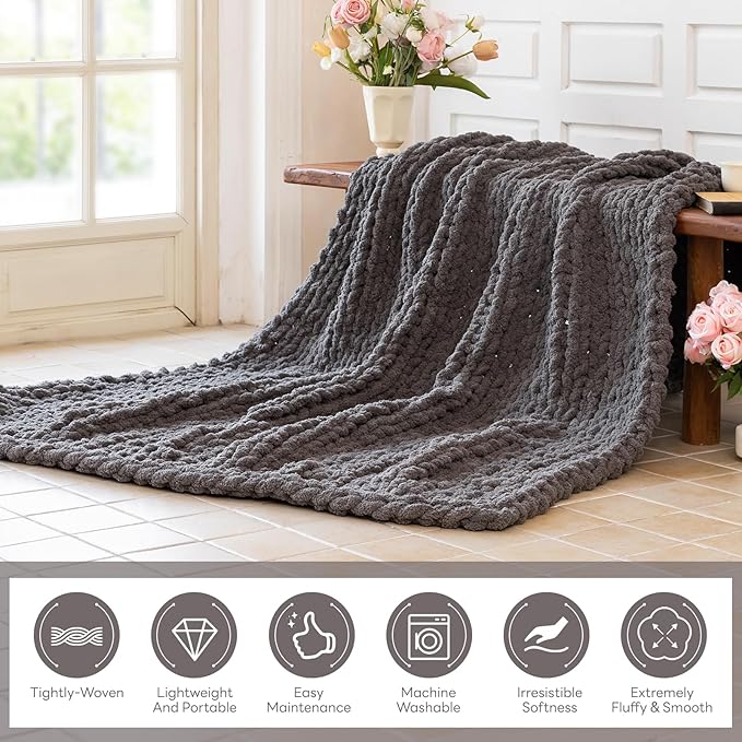 Chunky Knit Blanket - Luxury Soft Cozy 40 * 50 Throw Blanket,100% Woven Blanket Rope Knot Throw Blanket for Couch, Sofa, Home Decor, Gift - Machine Washable (Black Gray, 40 * 50)
