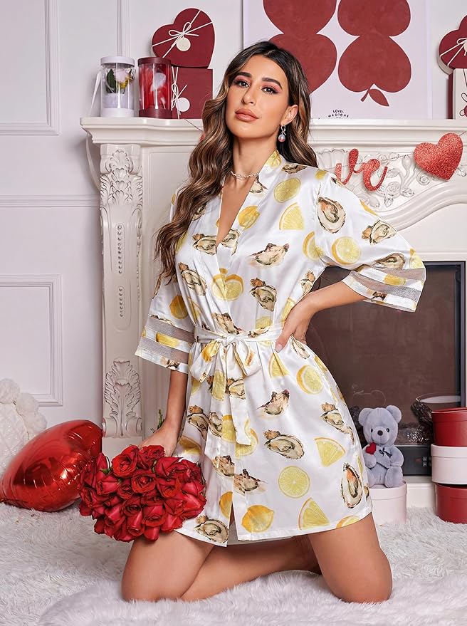 Ekouaer Women's Satin Robe Silk Kimono Bathrobe Bridesmaid Wedding Bridal Party Robes 3/4 Bell Sleeve Sleepwear S-XXL