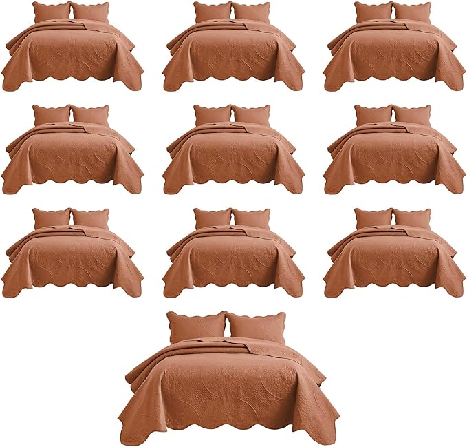 IR Imperial Rooms 10 Pack Queen Quilt Bedding Set (90" x 96") - Bulk Wholesale for Hotels, Guest Bedroom & Airbnbs - Lightweight Microfiber Reversible Floral Embossed Quilts Bedspreads (Rust)