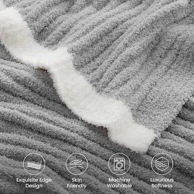 Snuggle Sac Soft Ribbed Throw Blanket for Couch, Microfiber Fluffy Knit Throws, Luxurious Fuzzy Blankets for Couch, Sofa, Travel, Grey, 50x60 inches