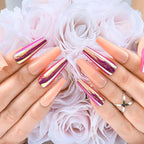 Hypnaughty 24 Pcs Raspberry Golden Chrome & Peach Extra Long Coffin Press On Nails and Glue Reflective Mirror XL False Nails (Raspberry Golden Chrome & Peach)