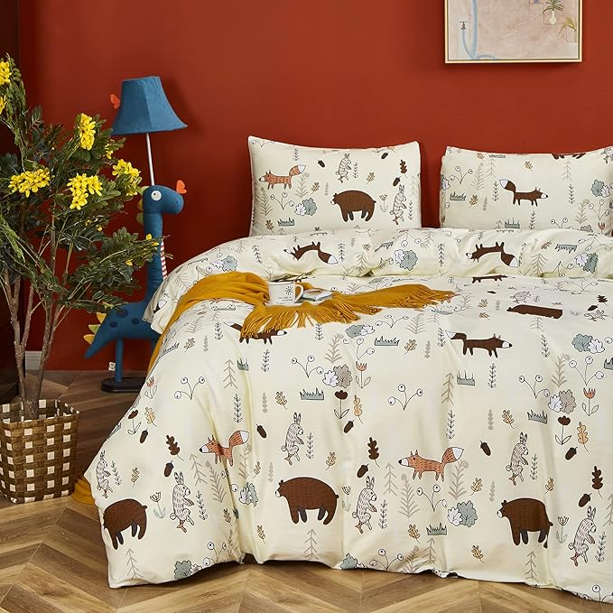 CLOTHKNOW Kids Queen Comforter Set 3Pcs Yellow Animal Bedding Comforter Sets Fox Woodland Forest Comforter with 2 x Pillow Cases