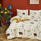 CLOTHKNOW Kids Queen Comforter Set 3Pcs Yellow Animal Bedding Comforter Sets Fox Woodland Forest Comforter with 2 x Pillow Cases