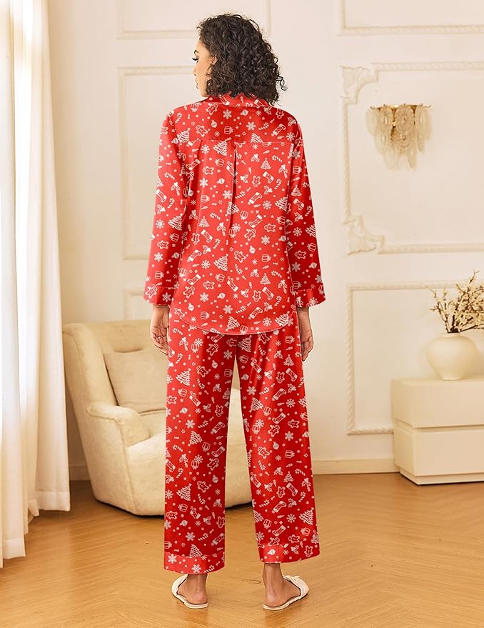 Ekouaer Womens Silk Satin Pajama Sets 2 Piece Sleepwear Pjs Set Long Sleeve Button Down Top and Pants Stripe Loungewear S-XXL