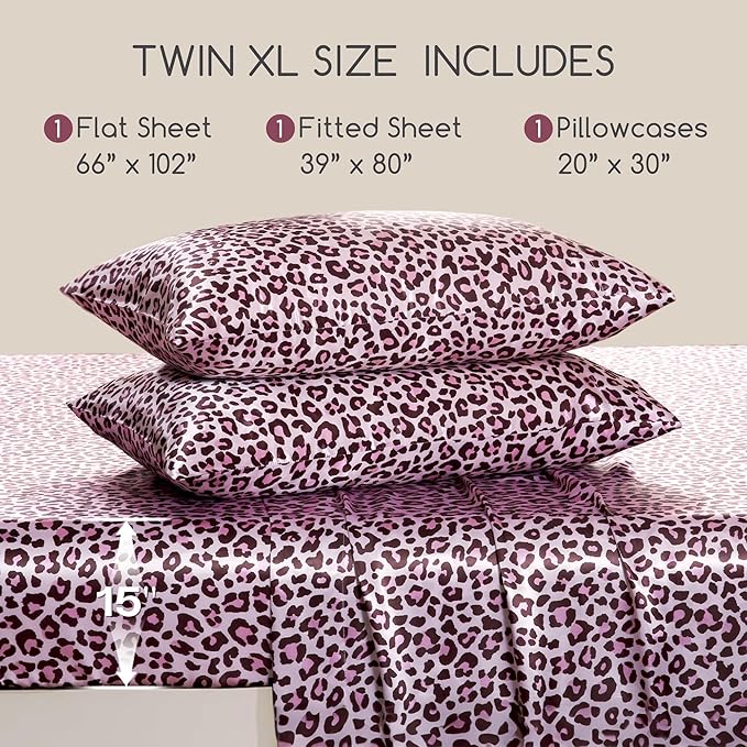 MR&HM Satin Sheets with Elastic Corner Straps, Twin XL Size 3-Piece Silky Bedding Set, Deep Pocket 15 Inches, Good for Hair & Skin (Twin XL, Pink Leopard)