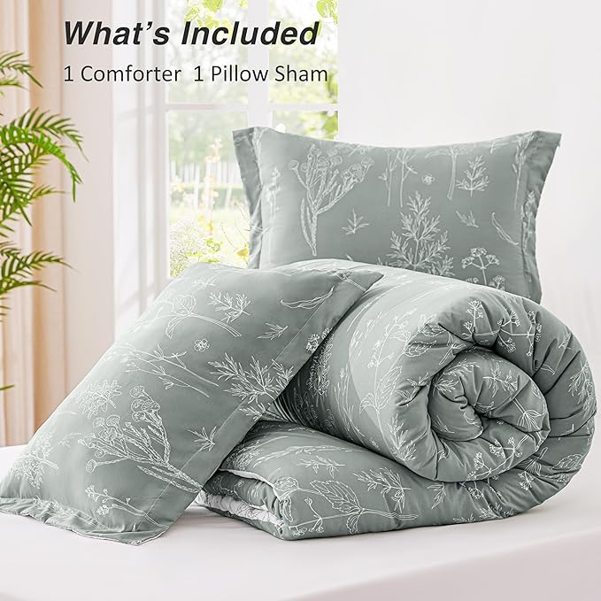 Love's cabin Grey Twin Comforter Set - Twin XL Size Comforter Set Dorm Bedding, 2 Pieces Cute Floral Bedding, Soft Reversible Flowers Comforter, 1 Comforter & 1 Pillow Sham