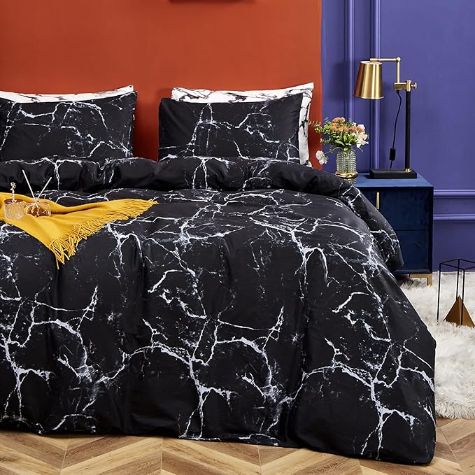 CLOTHKNOW Black White Comforter Set Twin/Twin XL Black Marble Bedding Comforter Sets Black Comforter Abstract Bedding Soft Quilt Set