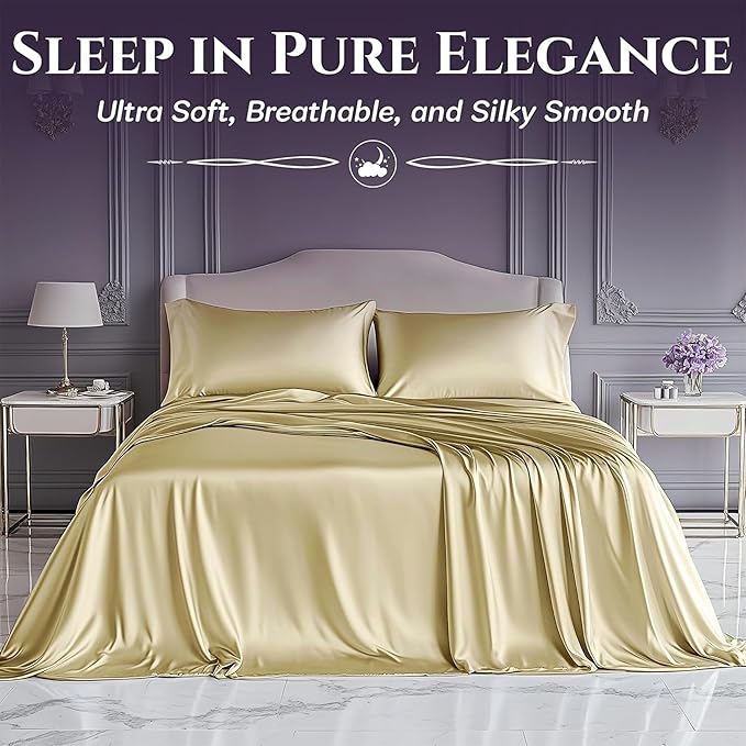 SLEEP SANCTUARY Satin Sheets Twin Size – 3 Piece Luxury Silky Bed Set, Softer Than Silk, 15" Deep Pocket, Cooling & Wrinkle-Free, Moisture-Wicking & Breathable for Hair & Skin (Champagne)