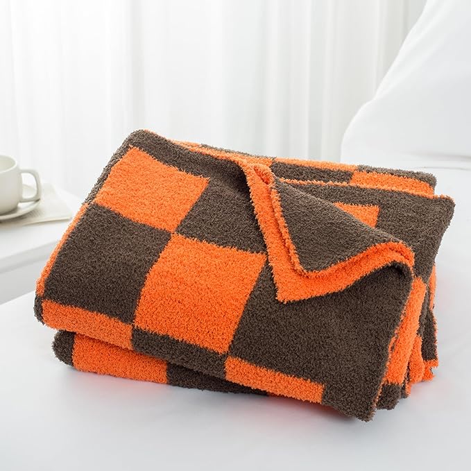 Carriediosa Checkered Throw Blanket 50" X 60", 400GSM Ultra Soft Microfiber Fuzzy Fluffy Reversible Cute Preppy Knitted Blankets Cozy Plush Fall Throws for Couch, Bed, Sofa, Burnt Orange