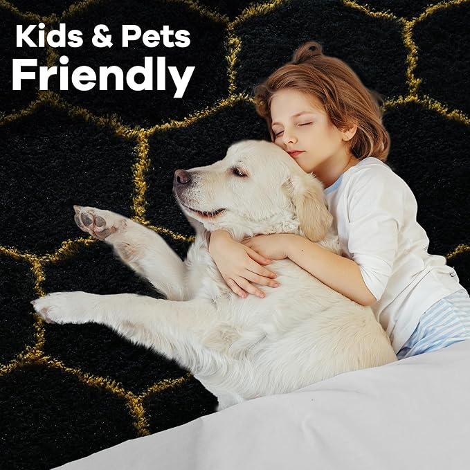 Fluffy 4x6 Area Rugs for Bedroom Living Room,Thick Shag Throw Floor Carpet,Soft Shaggy Bedside Non-Slip Rug Black Gold