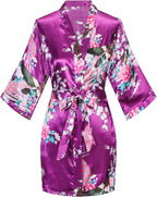 Women's Short Kimono Robes Bride and Bridesmaid Satin Floral Bathrobe Peacock Sleepwear Dressing Gown for Wedding Party
