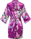 Women's Short Kimono Robes Bride and Bridesmaid Satin Floral Bathrobe Peacock Sleepwear Dressing Gown for Wedding Party