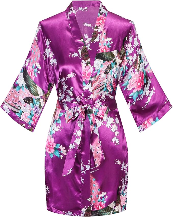 Women's Short Kimono Robes Bride and Bridesmaid Satin Floral Bathrobe Peacock Sleepwear Dressing Gown for Wedding Party