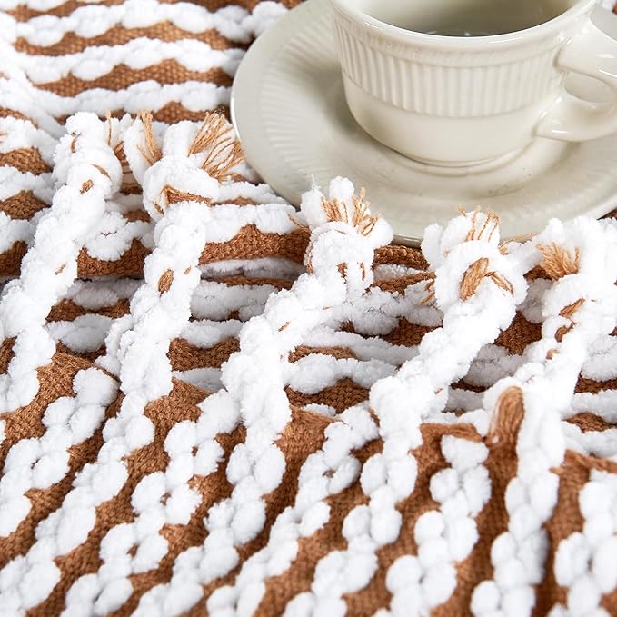 Striped Knit Throw Blanket with Braided Tassels 50" x 60", Hand Knitted Soft Chunky Chain Design Boho Farmhouse Blanket, Two Tone Tassel Decor Throw for Couch Bed Sofa Outdoor, Camel White