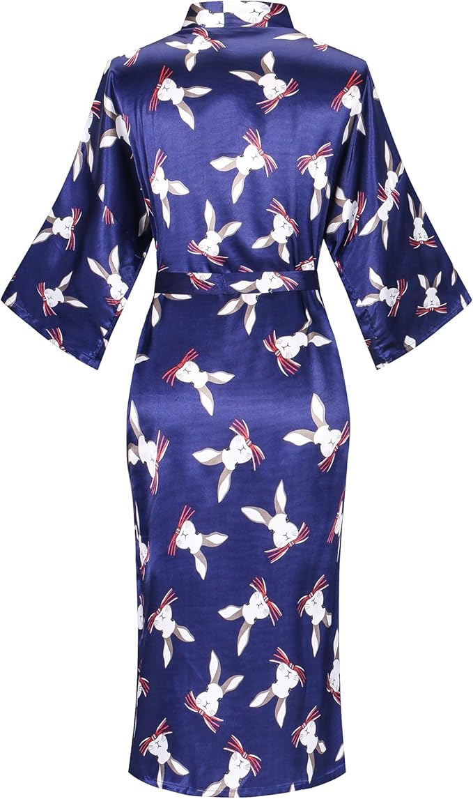 Valennia Women Long Silky Bathrobe Satin Kimono Robe Floral Printed Dressing Gown Sleepwear