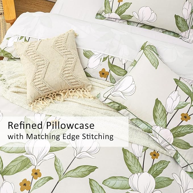 ALEISSEL Pale Moss Green Botanical Cotton Comforter Queen Size - 3PC Lightweight Bedding Sets with Ultra-Soft Alternative Fill, Floral Design with Leaf & White Magnolias (1 Comforter, 2 Pillowshams)