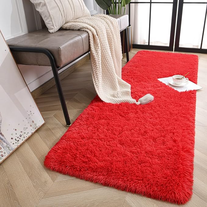 Jelymark Super Soft Shaggy Rug for Bedroom, 2x6 Feet Fluffy Carpet for Living Room, Fuzzy Indoor Plush Area Rug for Home Decor, Furry Floor Rugs for Dorm, Kids Nursery Rug for Girls, Red