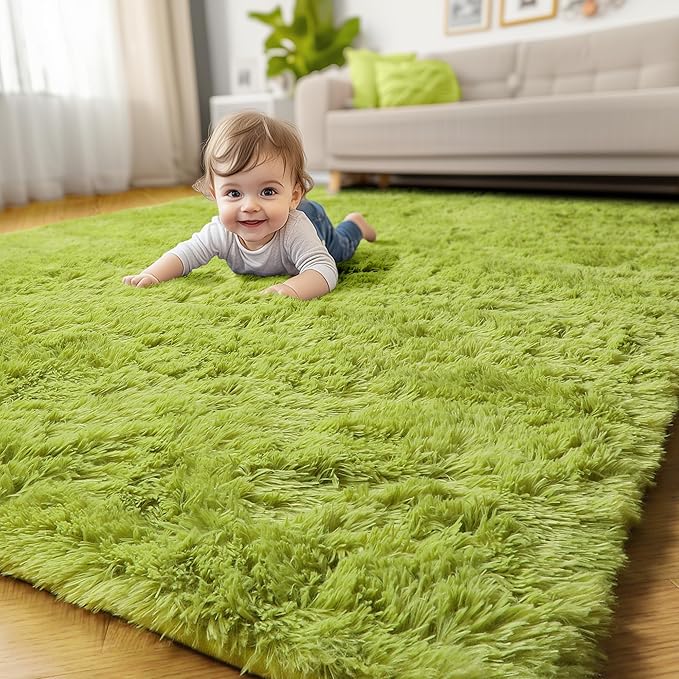 Grass Green Area Rugs for Bedroom, Fluffy Shag Plush Rug 5x7 for Kids Room Living Room Baby Nursery Decor Aesthetic, Cute Fuzzy Floor Furry Cool Shaggy Fuzzy Moss Carpet for Dorm Classroom Playroom