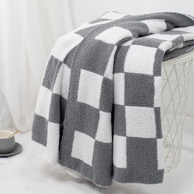 Carriediosa Checkered Throw Blanket 50" X 60", 400GSM Ultra Soft Microfiber Fuzzy Fluffy Reversible Cute Preppy Knitted Blankets Cozy Plush Fall Throws for Couch, Bed, Sofa, Grey