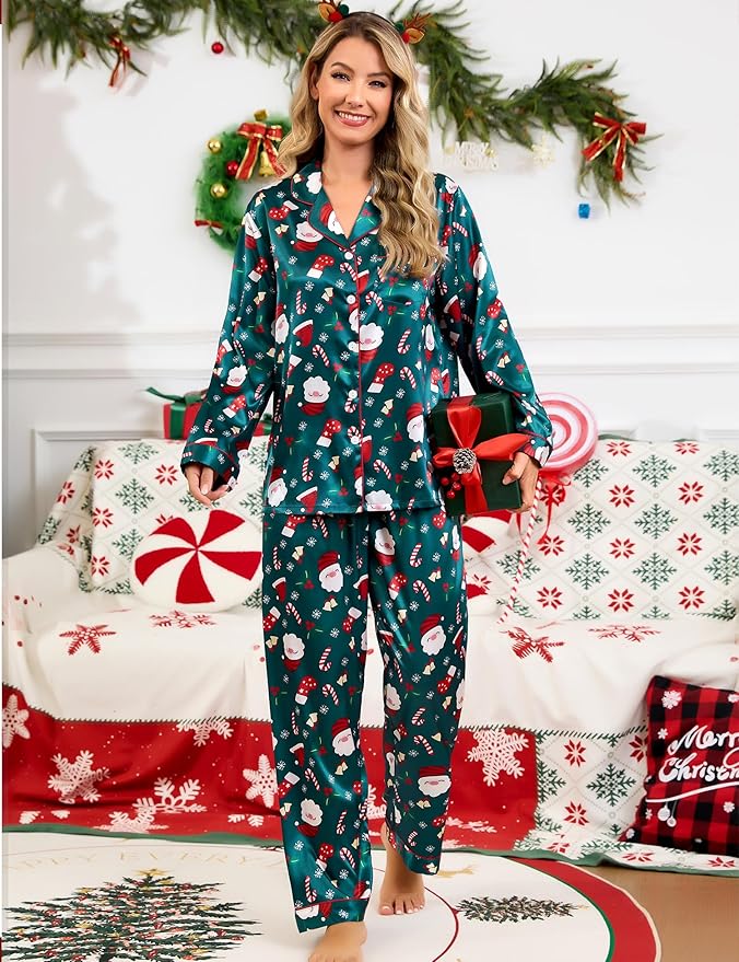 SWOMOG Womens Silk Satin Pajamas Set Long Sleeve Button Down Sleepwear 2 Piece Lounge Set Pj Set XS-3XL