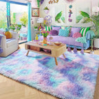 Amdrebio Blue Purple Rainbow Mermaid Rugs for Bedroom Girls Room Decor Aesthetic, 5x8 Fluffy Kawaii Area Rugs for Kids Room Nursery Dorm, Stitch Frozen Fuzzy Carpet, Cute Plush Furry Baby Toddler Rug