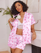 Ekouaer Womens Satin Silk Pajamas Set Short Sleeve Sleepwear Button Down Top and Shorts Loungewear 2 Piece Pjs Set S-XXL