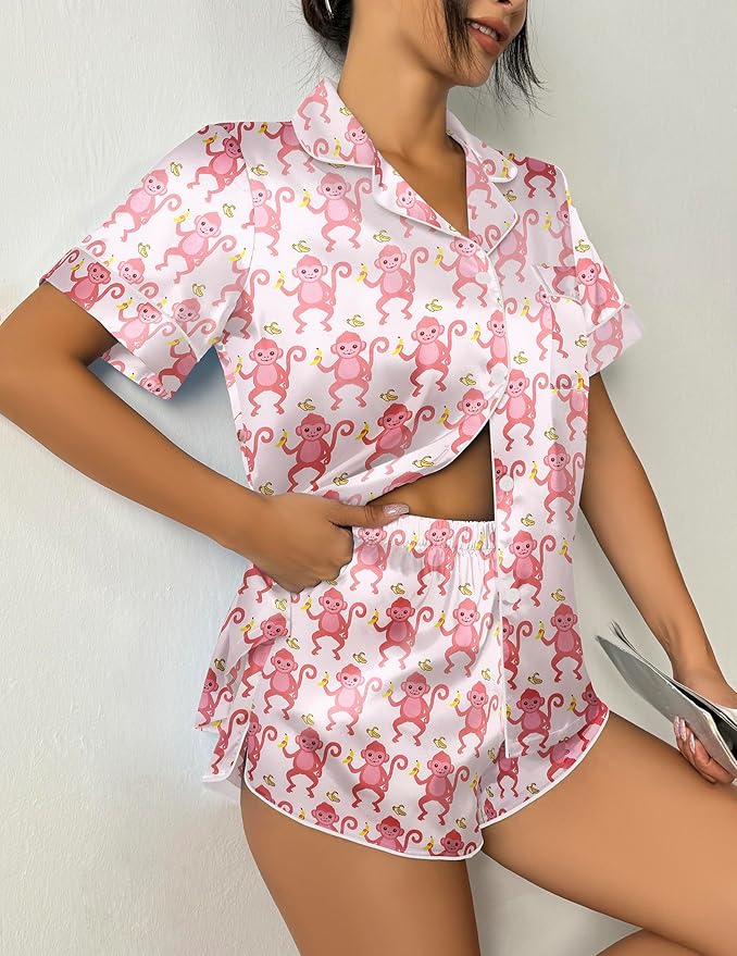 Ekouaer Womens Silk Satin Pajama Set Print Short Sleeve Sleepwear Button Down Pjs Shorts Set Loungewear