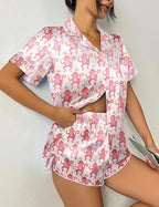 Ekouaer Womens Silk Satin Pajama Set Print Short Sleeve Sleepwear Button Down Pjs Shorts Set Loungewear