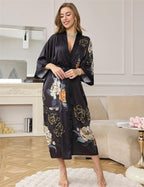Kihnop Women's Floral Long Kimono Robe Long Satin Robe Long Silk Robe Ladies Kimonos Silky Bathrobe Cover Up, One Size
