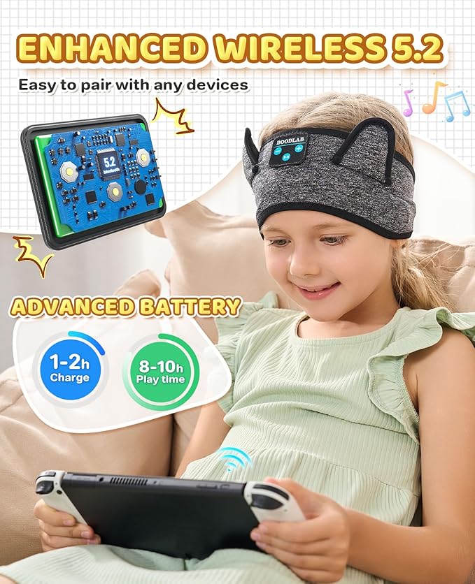 Kids Headband Headphones-Toddler Wireless Bluetooth Headphones with Safe Volume, Wired 3.5mm Jack, Adjustable Sleep Headband-for School/Airplane Travel/Tablet/Kindle, with Travel Bag - Boys & Girls