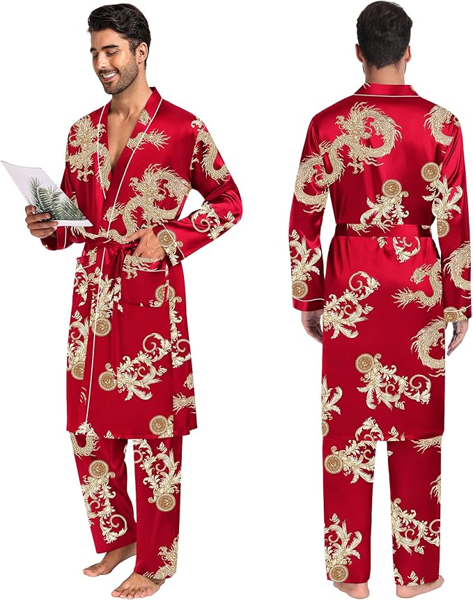 SWOMOG Mens 3 PCS Satin Robe with Pants & Shorts Set Kimono Bathrobe Long Sleeve Sleepwear Pjs Sets with Pockets