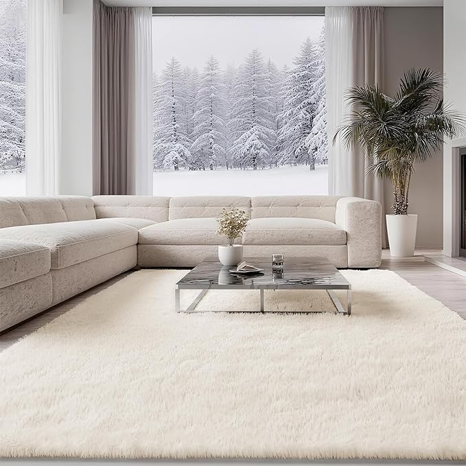 Ultra Soft Shag 8x10 Cream Area Rug – 8x10 Rugs for Living Room, Non-Slip, Fluffy Plush Large Carpet, Shaggy Furry Rug for Bedroom, Dorm, Kids and Girls Room, Nursery, Home Office Décor
