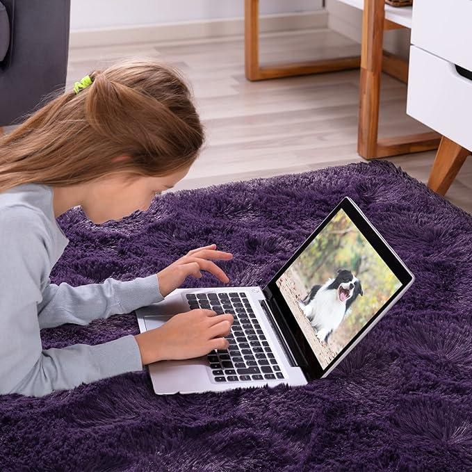 Softlife Dark Purple 8x10 Area Rug for Living Room, Fluffy Shag Plush Rugs for Bedroom Girls, Shaggy Soft Fuzzy Kids Large Carpet for Dorm Bedside Ultra Cozy Non-Slip Indoor Decor