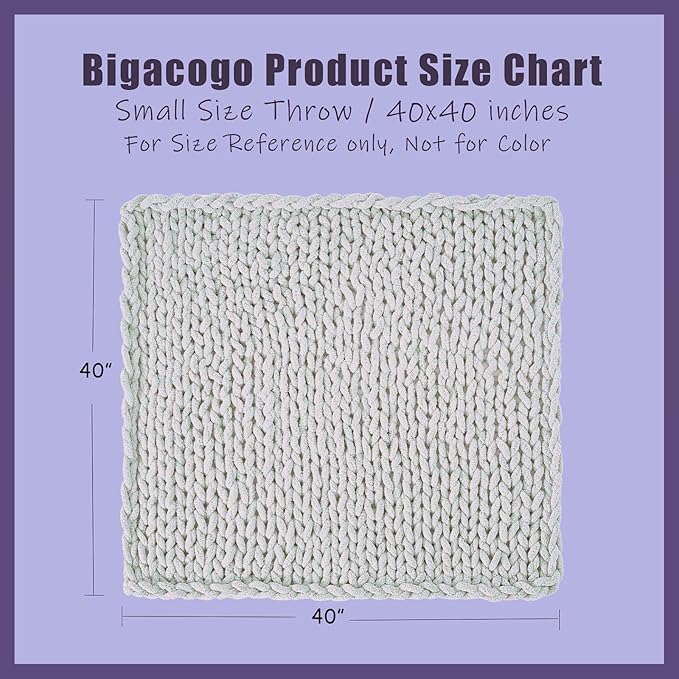 Bigacogo Chunky Knit Throw Blanket for Couch, 40x40 inches, 100% Hand Knitted with Thick Jumbo Chenille Yarn, Cozy Soft Large Rope Knot Cable Crochet Blankets for Sofa Bed Living Room, Light Grey