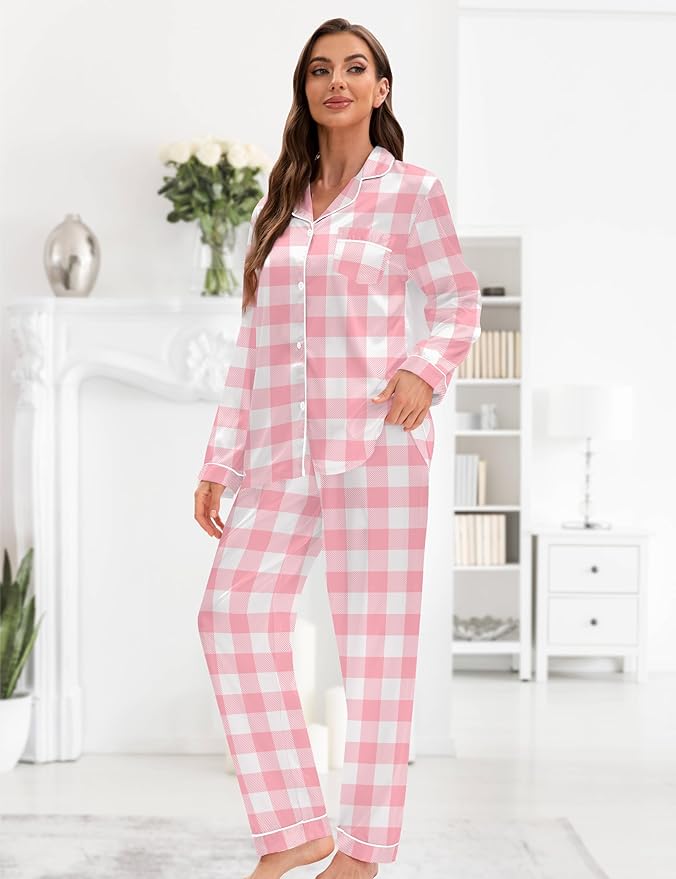 EPLAZA Silk Pajamas for Women Satin Pajamas Set 5 Pcs Long Sleeve Print Pattern Button Down Pjs Sleepwear Loungewear Set
