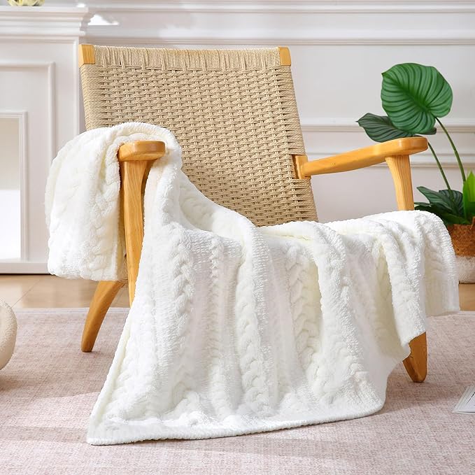 Cable Knit Throw Blanket 50x60 Inches - Chunky Knit Chenille Blanket for Couch, Bed | Warm & Cozy Winter Blanket for Living Room, Farmhouse Home Decor | Off White