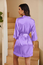 Ekouaer Women's Lace-Trim Silk Robes Bride Bridesmaid Kimono Satin Bathrobe V Neck Sleepwear with 3/4 Sleeve