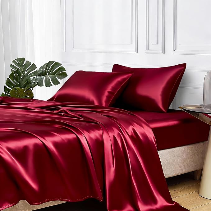 MR&HM Satin Bed Sheets, Twin Size Sheets Set, 3 Pcs Silky Bedding Set with 15 Inches Deep Pocket for Mattress (Twin, Burgundy)