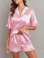 Ekouaer Satin Pajama Set for Women Button Down Silk 2 Piece Pj Sets Ruffle Short Sleeve Sleepwear