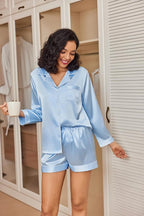 Ekouaer Satin Pajama Set for Women Button Down Pj Set Long Sleeve Top and Shorts 2 Piece Loungewear Summer Soft Sleepwear